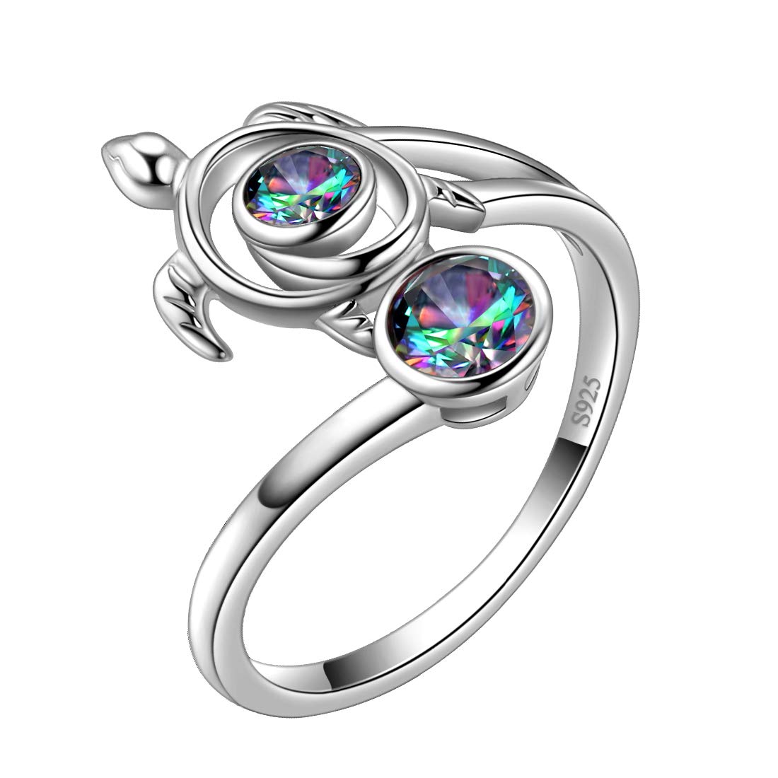Aurora Tears Turtle Adjustable Rings 925 Sterling Sliver Animals Open Ring Mystic Rainbow Topaz Jewellery Gifts with Cubic Zirconia for Women DR0084T