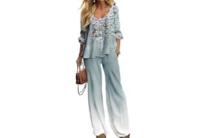 DEPENSL Summer Two-Piece Set for Women Boho Floral Print Pants Suit Loose Top Shirt Wide Leg Trouser