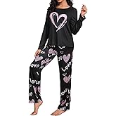 OYOANGLE Women's Pajama Sets 2 Piece Heart Printed Soft Pjs Long Sleeve Tops and Pants Sleepwear Sets
