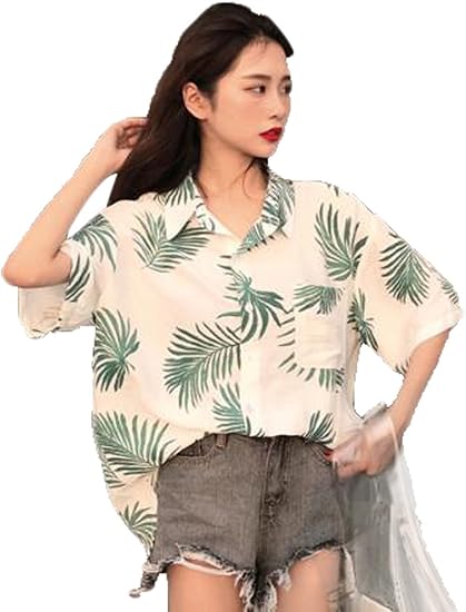 Amazon エージョン レディース ポロシャツ シャツ レトロ 半袖 プリント ゆったり トップス 夏 ホリデー アロハシャツ ファッション グリーン ポロシャツ 通販