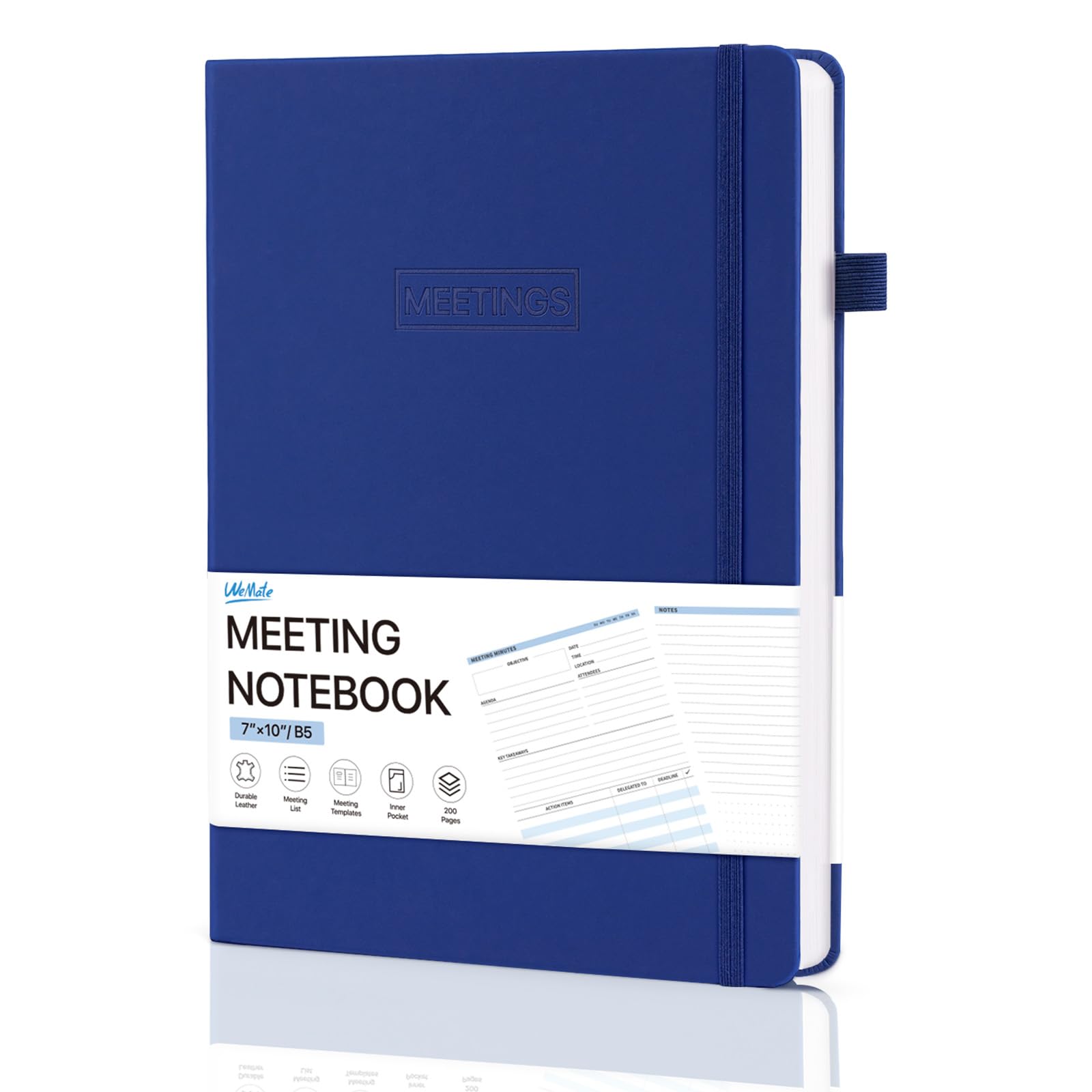 WEMATE Hardcover Meeting Notebook, B5 Work Planner Notebook With Action Items, Easily Take Meeting Notes & Keep Agendas on Track, Calender, Index Page, Inner Pocket, 7×10 Inch, Dark Blue