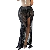 Women's Sexy High Waist Split Black Floral Lace Print Sheer Mesh Midi Skirt Pleated Asymmetrical Cut Out Maxi Skirt for Party