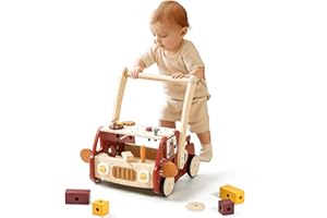 IEATFO Wooden Baby Walker Adjustable Height & Speed with Tool Bench and Toy Storage Wagon - Multifunctional Toddler Push Walker Ergonomically Designed for Natural Walking - 3+ Years of Continuous Use