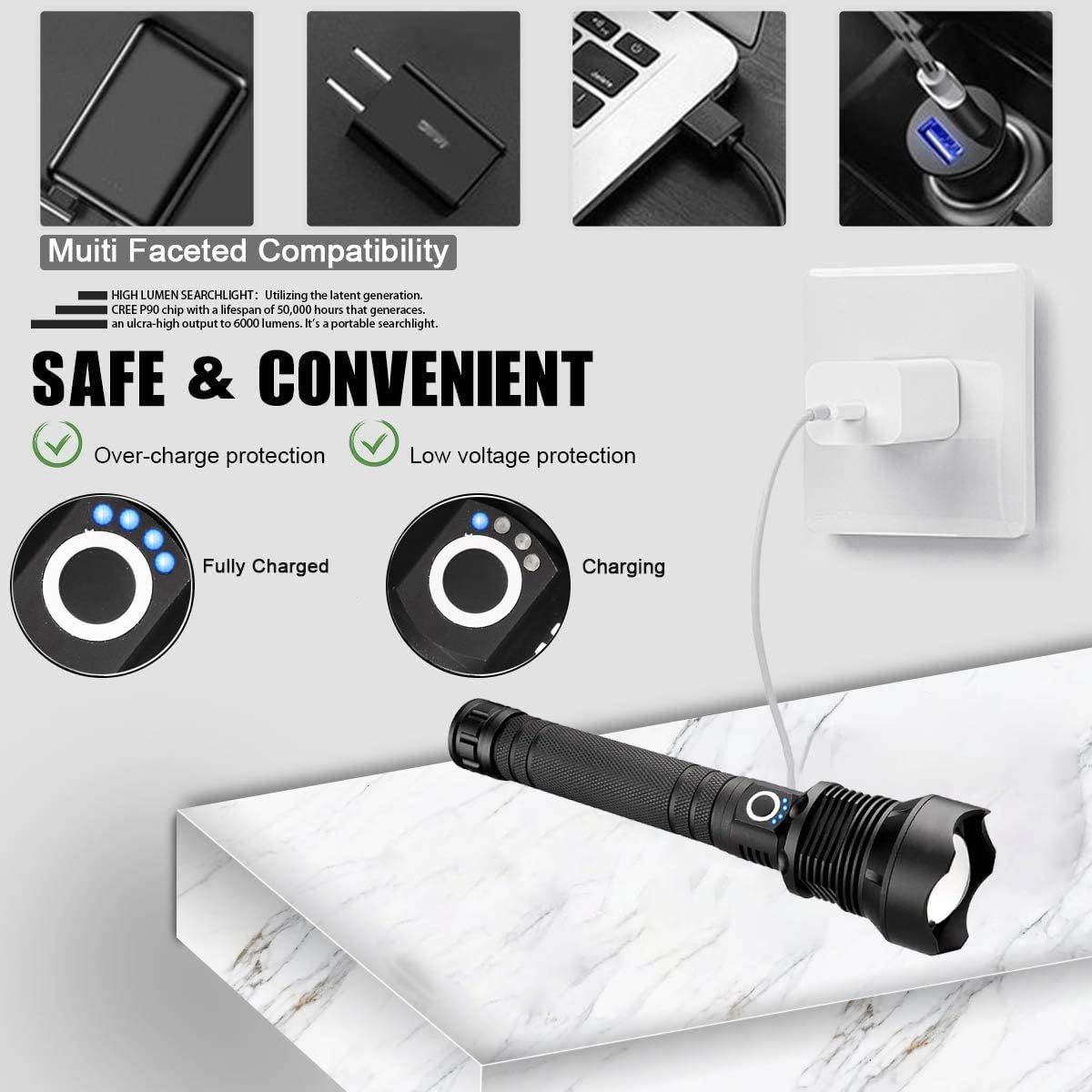 5000 High Lumens Flashlights Super Bright XHP70 LED Flashlight 3 Modes Rechargeable Torch Light with 18650 Battery and USB Cable - - 
