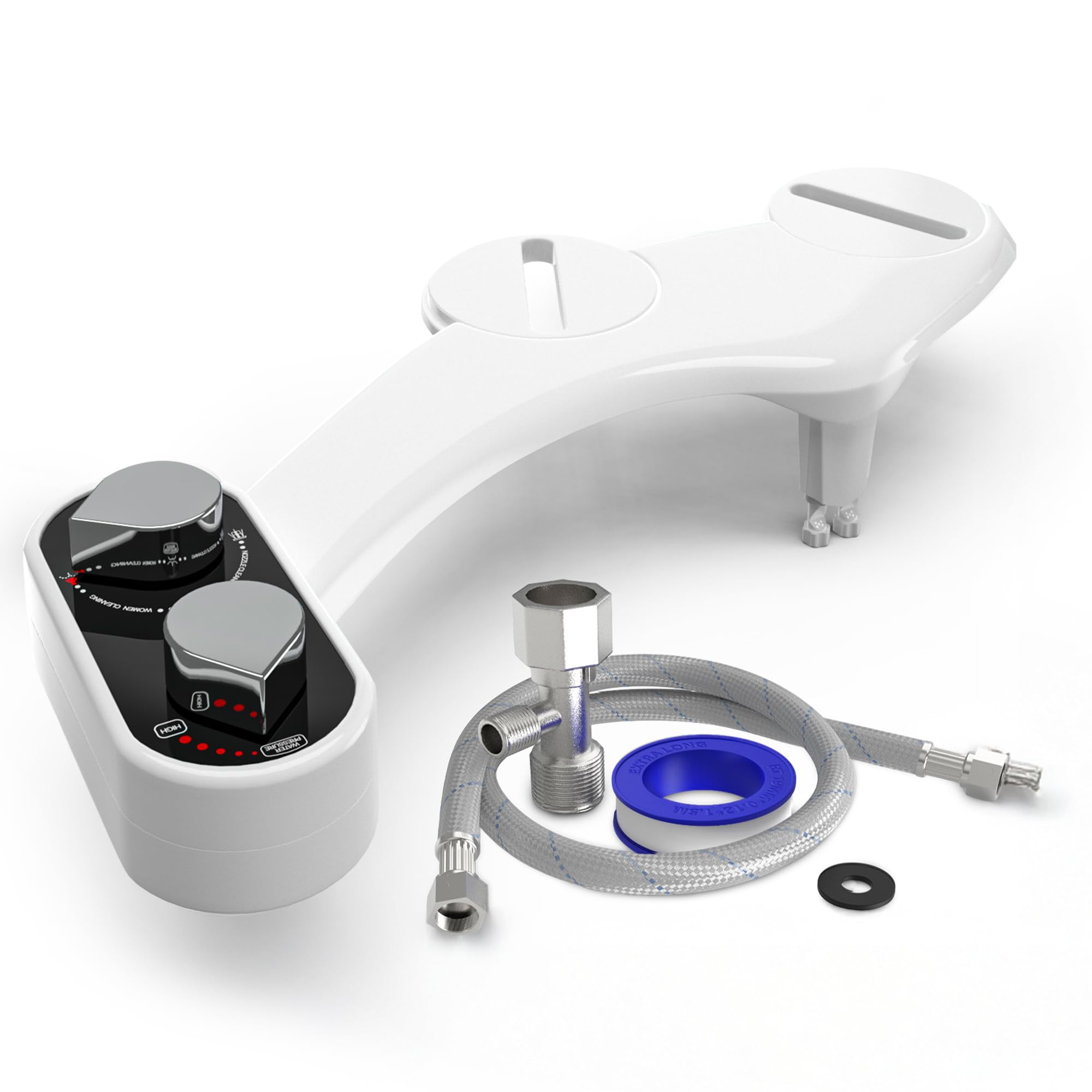 CLEAR REAR Bidet Attachment for Toilet Seat - Non-Electric, Self-Cleaning Dual Nozzle, Adjustable Water Pressure, Rear & Feminine Wash Hygienic Bathroom Upgrades - Fits Elongated Toilets (White)