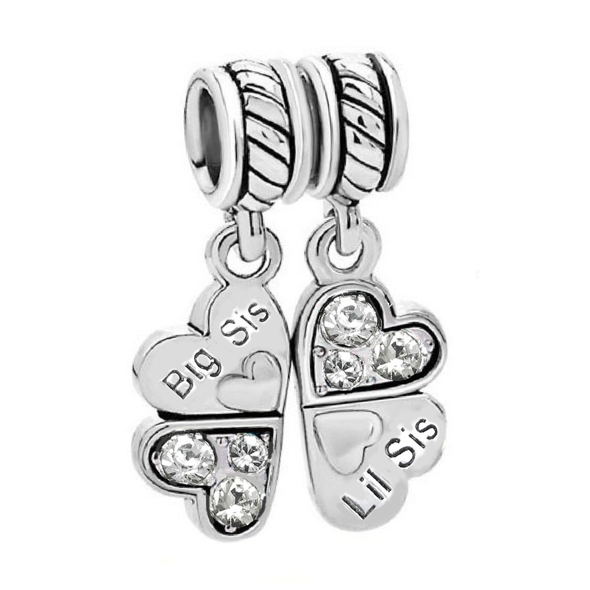 Queenberry Sterling Silver Rhinestone 'Big Sis Little Sis Love' Heart European Bead Charm