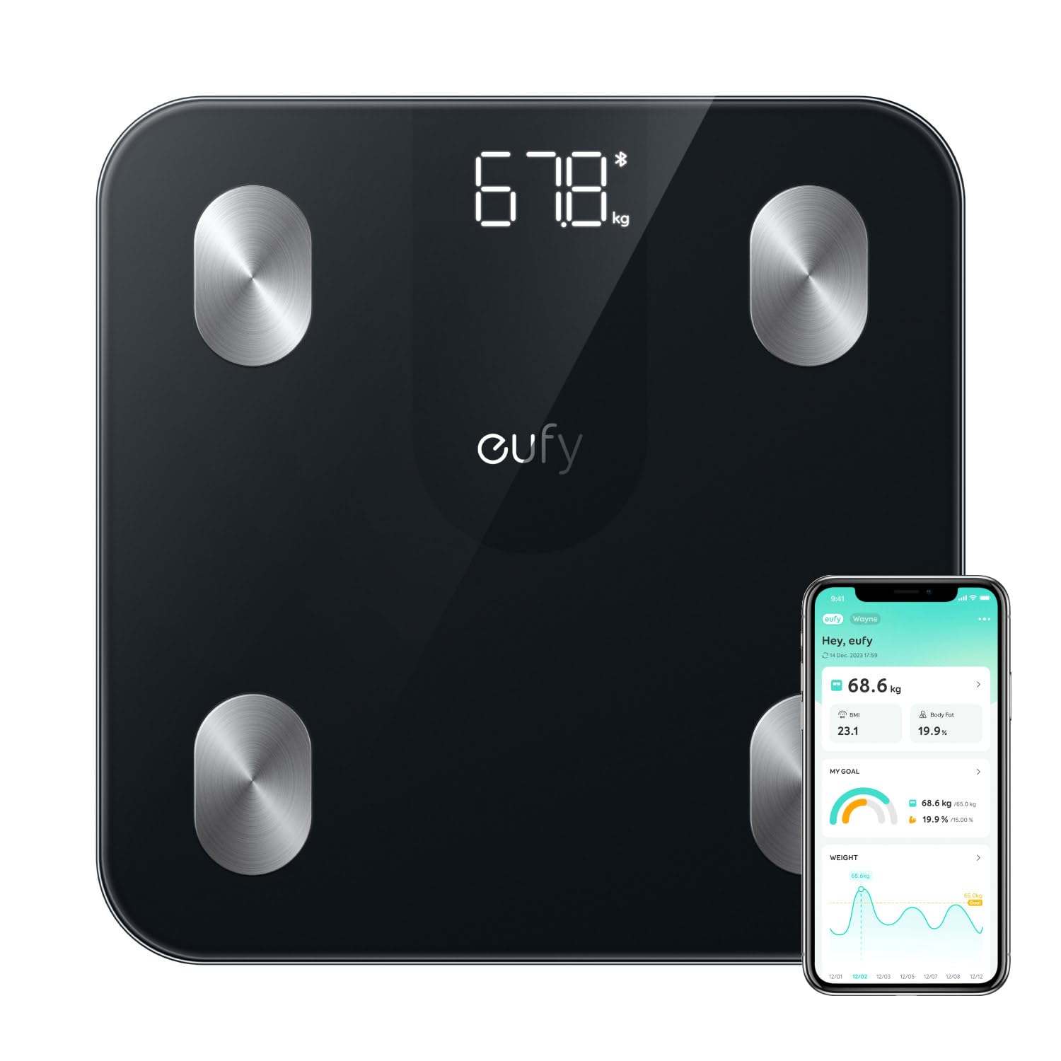 eufy Weighing Scales for Body Weight, Digital Bathroom Scales with Bluetooth, Body Fat Scales, 12 Measurements, Weight/Body Fat/BMI, Fitness Body Composition Analysis, Black, lbs/kg, Smart Scale A1