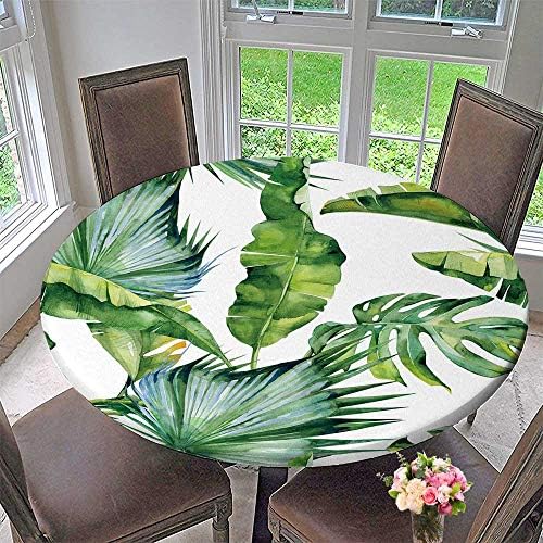 PINAFORE HOME Modern Simple Round Tablecloth of Tropical Leaves Dense junglewith Tropic Summertime Decoration Washable 35.5"-40" Round (Elastic Edge)