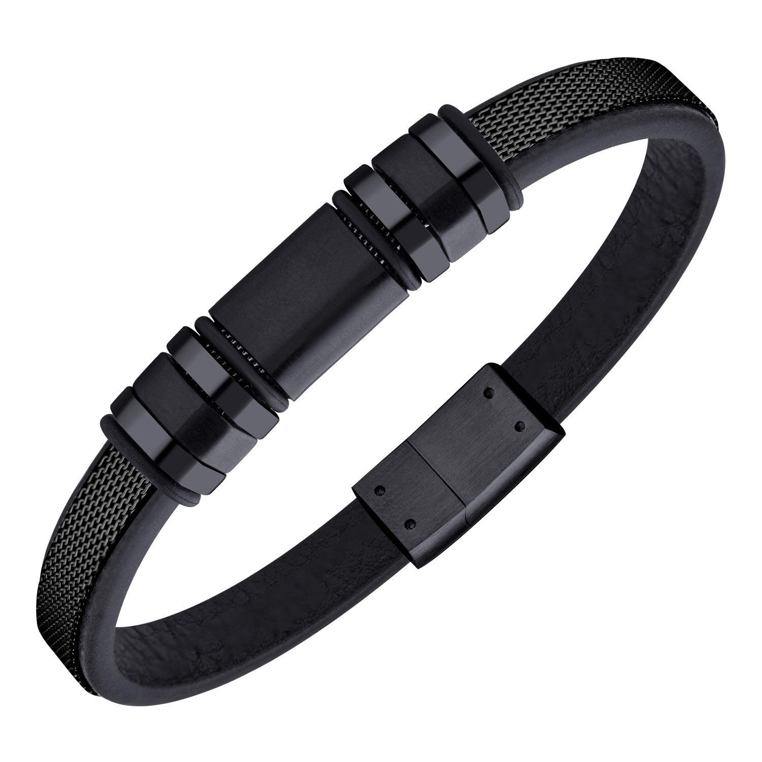 555Jewelry Braided Stainless Steel & Leather Bracelet for Men and Gents, Mens Bracelets Leather and Steel, Cool Bracelets for Men, Mens Black Bracelets, 8.25 Inch, Black โ image 1