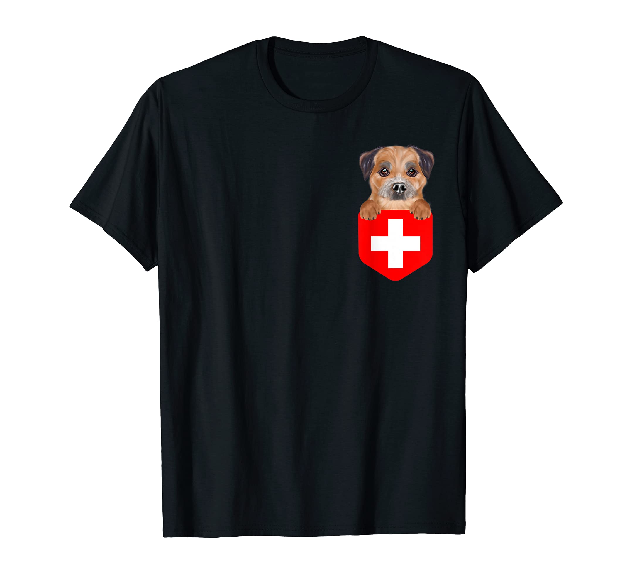 Switzerland Flag Border Terrier Dog In Pocket T-Shirt