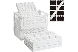 Aiuuee 6 Pack Collapsible Crates, White Plastic Crates for Storage 9.8 x 6.5 x 3.9in with White Marker & Chalkboard Labels, Stackable Small Storage Bins for Bedroom Office Classroom Bathroom