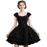 Womens Classic Black Layered Lace Up Goth Lolita Dress Gothic Emo Dress Medieval Halloween Costumes