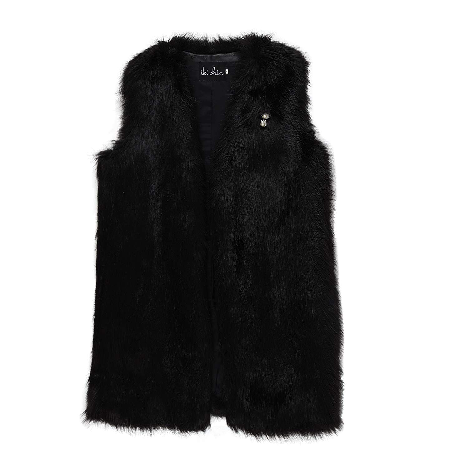 Buy ikichic Luxurious Faux Fur Sleeveless Coat With Brooch Black