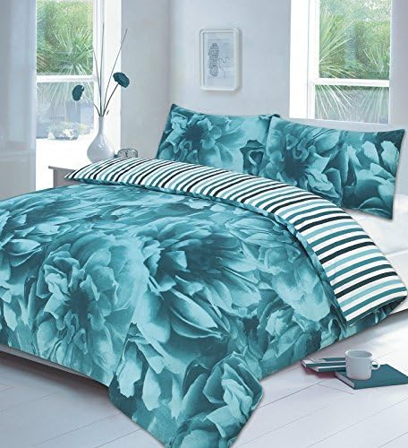 HOME TLC ROSE FLORAL REVERSIBLE STRIPED DUVET QUILT COVER PILLOWCASE BEDDING SET SINGLE DOUBLE KING SUPERKING SIZE (Double, Teal)