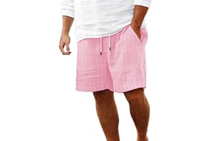 Men's Linen Shorts Flat Front Casual Elastic Waist Drawstring Summer Beach Vacation Short with Pocket
