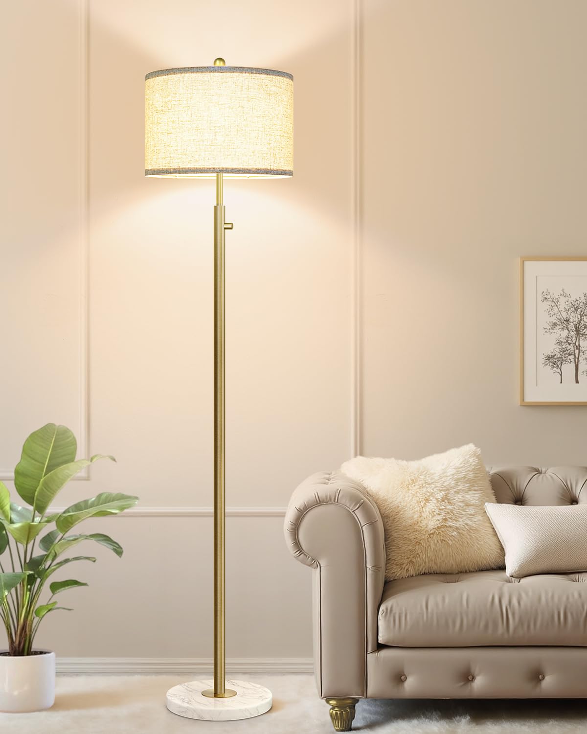 Photo 1 of ?Upgraded? Dimmable Floor Lamp for Living Room, 11W LED Bulb Included, Modern Standing Lamp with Marble Base, Tall Pole Light with Linen Shade for Bedroom Reading Office Corner Nursery-Brass Gold