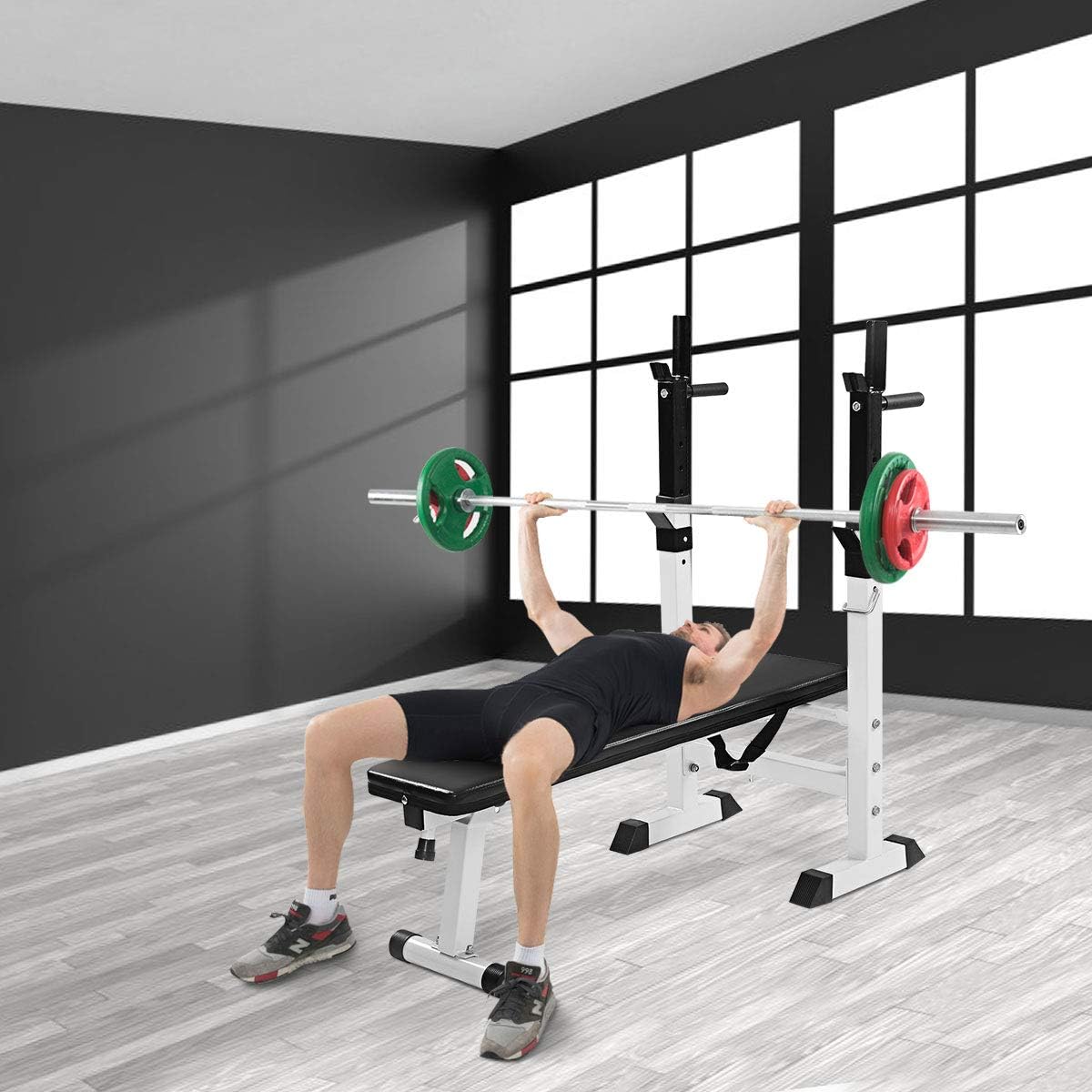 Goplus Hantelbank Hantelbank Mit Stangenhalterung Faltbar Und Neigbar Fur Hantelscheiben 116 X 55 X 111 Cm Gesamtbelastbarkeit 200 Kg Weiss Und Schwarz Amazon De Sport Freizeit