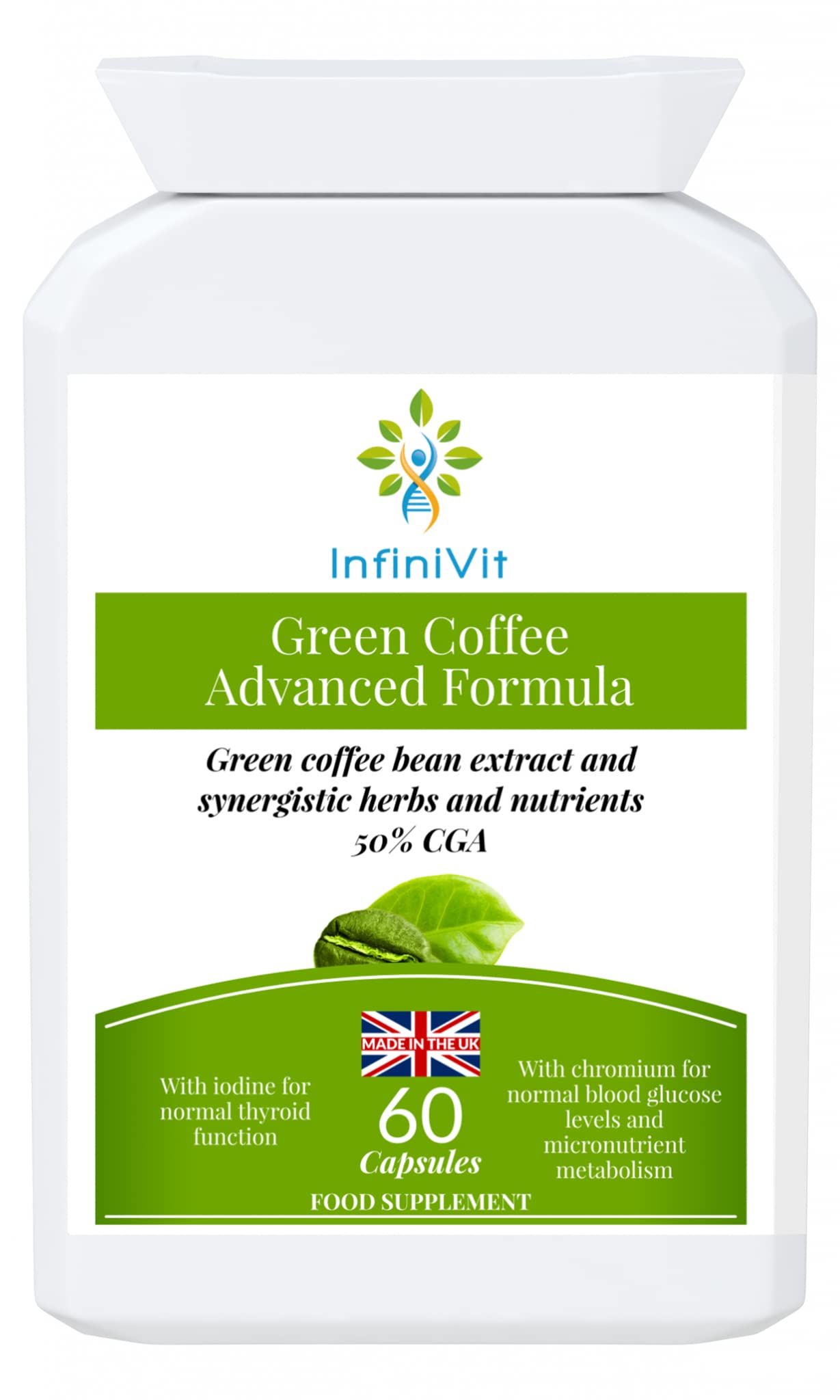 InfiniVit Green Coffee Advanced Formula 50% Chlorogenic Acid CGA with Cinnamon, Cayenne, Iodine and Chromium - 60 Capsules, Beneficial for Weight Loss, Appetite Control, Energy Level