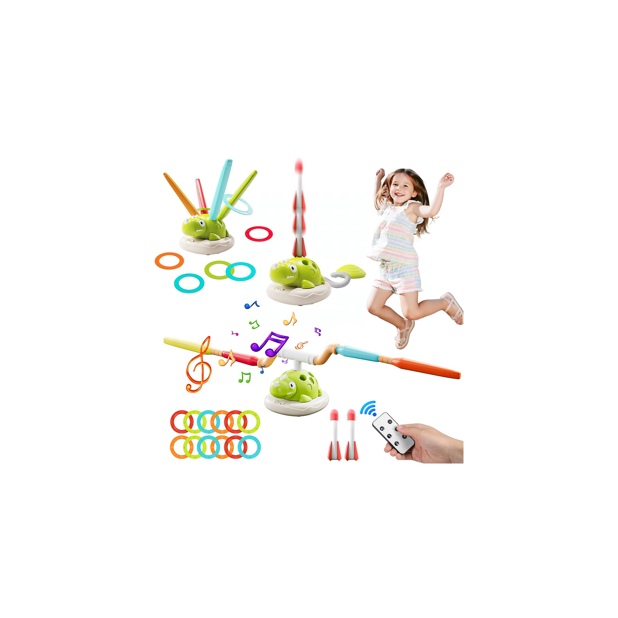 Kssvzz 3 in 1 Outdoor Toy for Kids, Children's Dinosaur Sports Set with Musical Jump, Ring Toss Game, Rocket Launcher Toy, Garden Games Presents Gifts for Boys Girls 3 4 5 6 7 8 9 Year Old — image 1