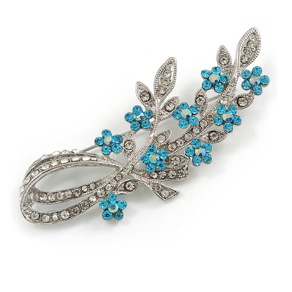 Romantic Diamante Floral Brooch In Rhodium Plating Clear & Teal Blue - 75mm L