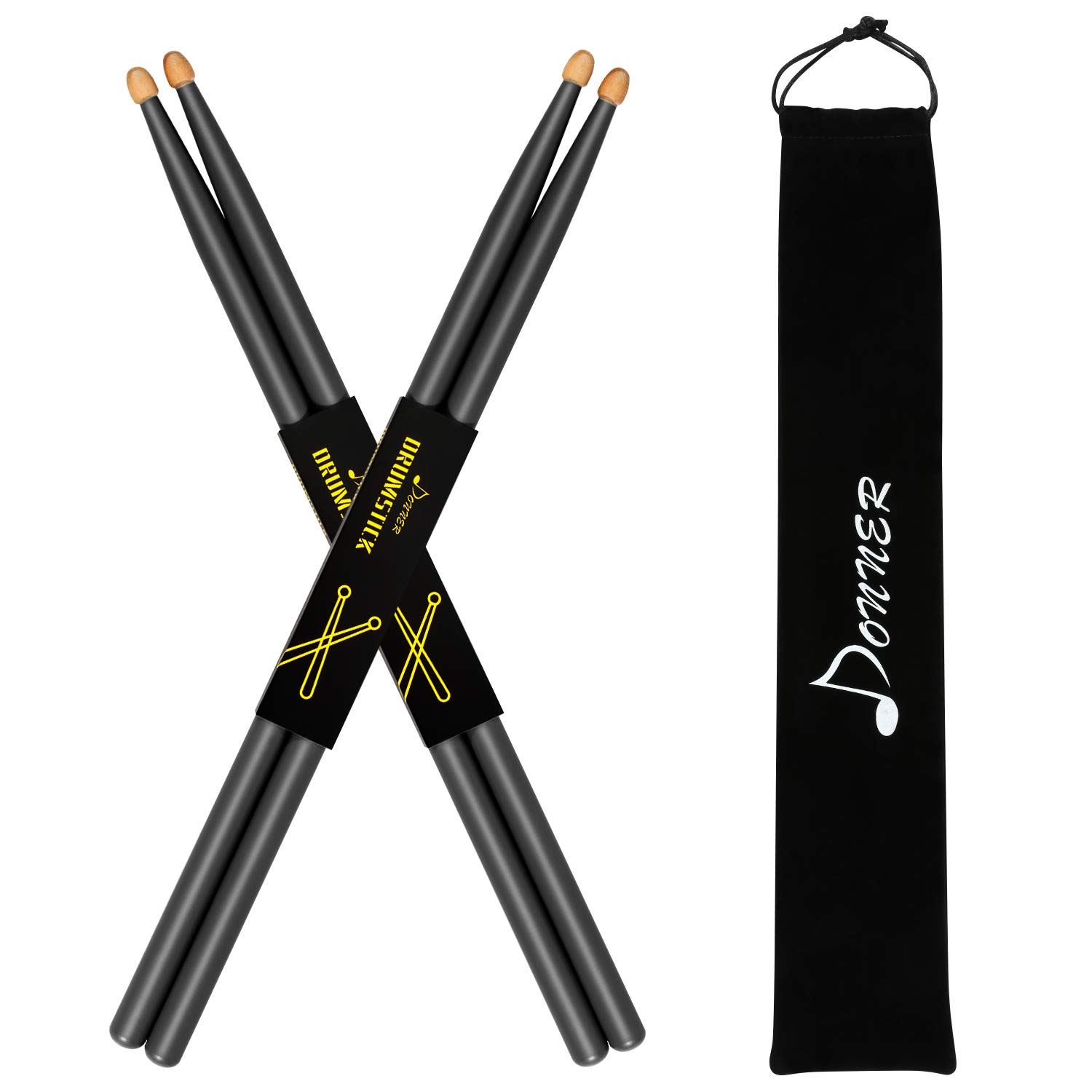 Donner Black Drum Sticks 7A Classic Maple Wood 2 Pair with Carrying Bag