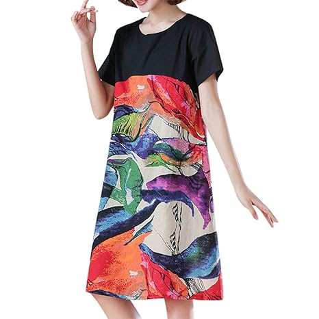 Bfmyxgs New Literary Fashion Stitching Cotton and Linen Print Dress In The Long Section
