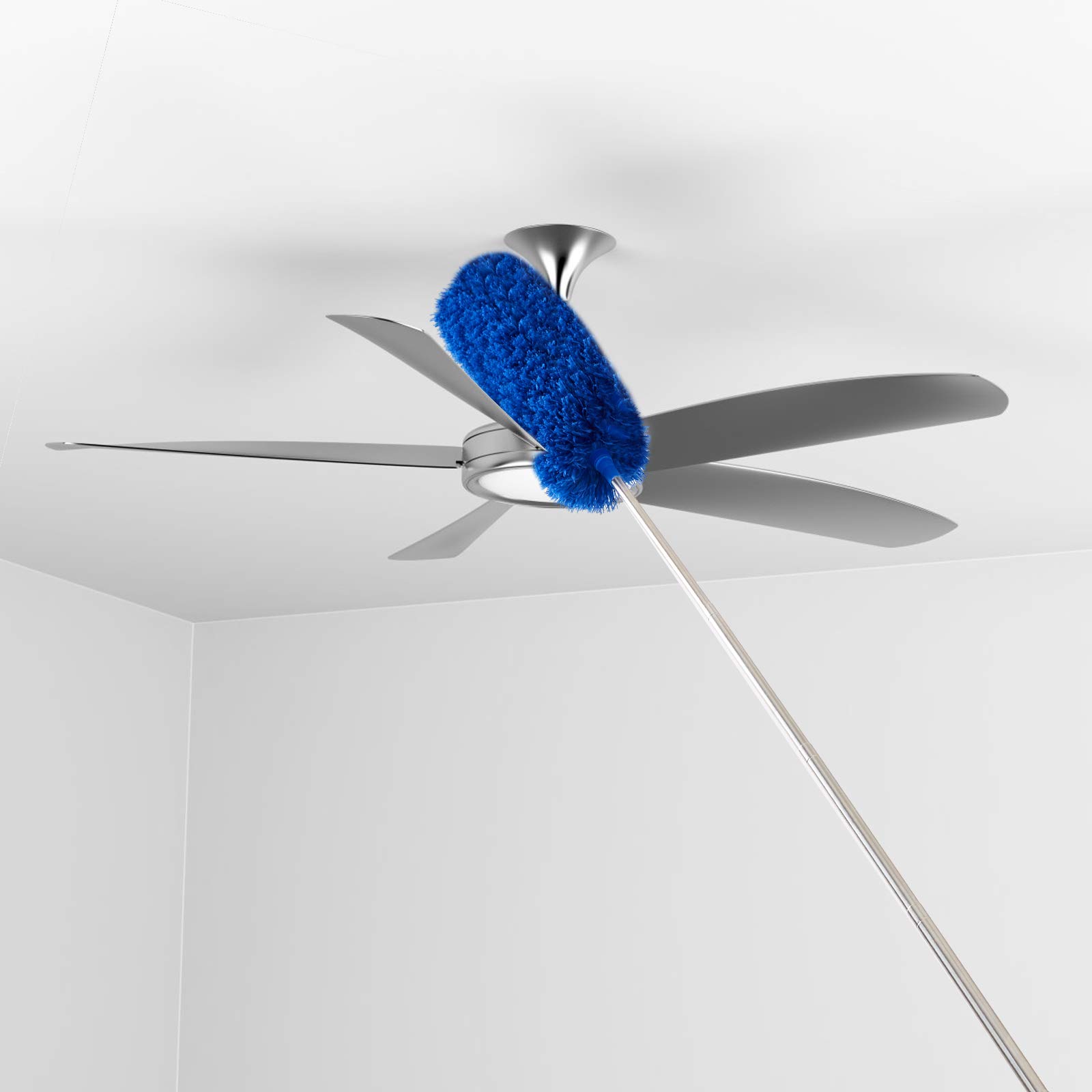 Cobweb Duster with Extension Pole, Washable Cleaning Duster Kit with 2 Duster Heads, Cobweb Duster, Corner Brush, 15-100 Inch Long Aluminum Telescoping Pole for Ceiling Fan (Blue)