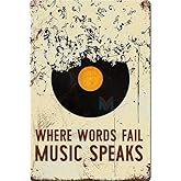 Vintage Music Wall Decor, Metal Tin Sign, Where Words Fail Music Speaks, 8x12 Inches