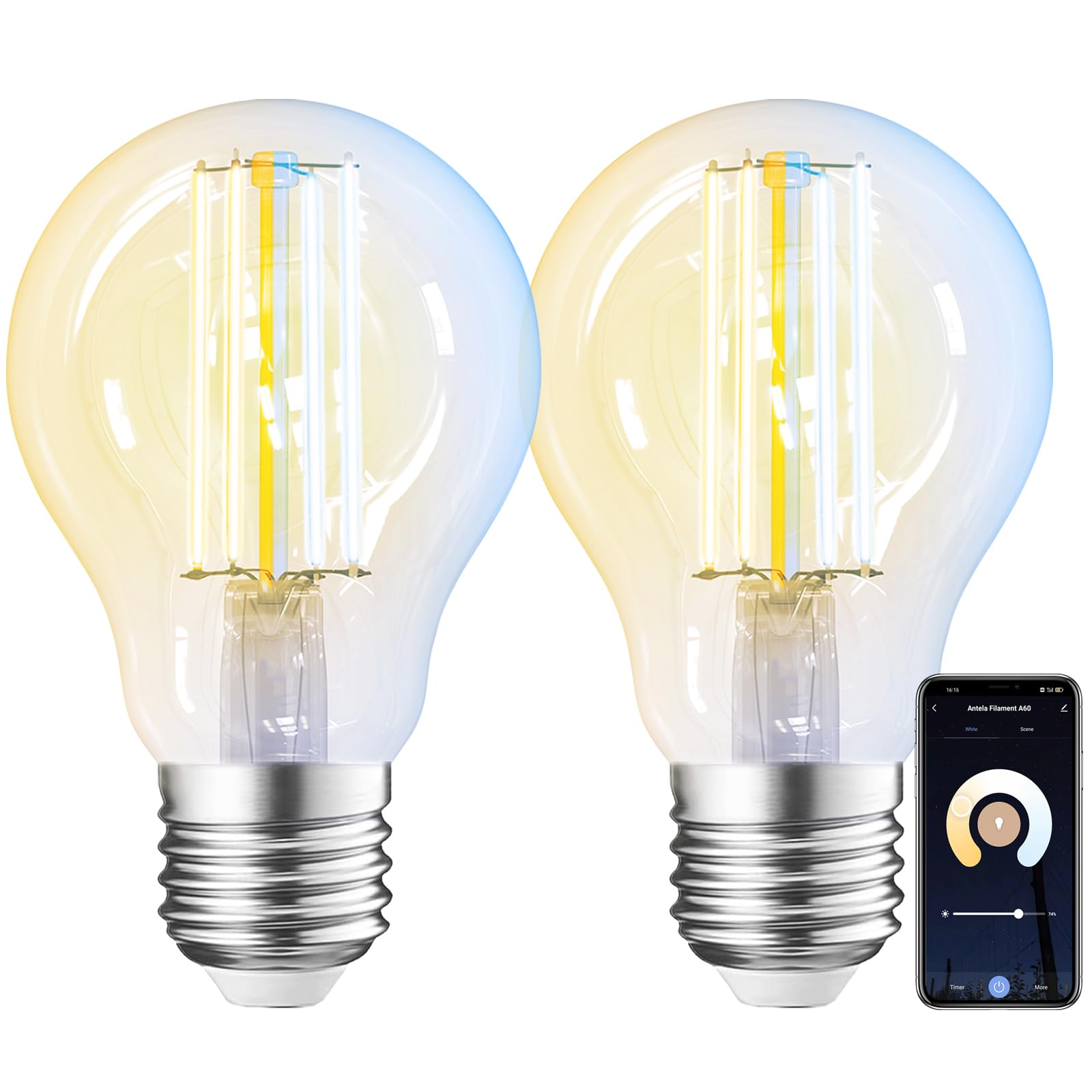 ANTELA Smart Bulb E27 7W 806LM Vintage Edison Dimmable Filament Bulb with 2700K-6500K Color, Clear Glass Globe Bulb, Compatible with Alexa/Google Home, 2 Packs