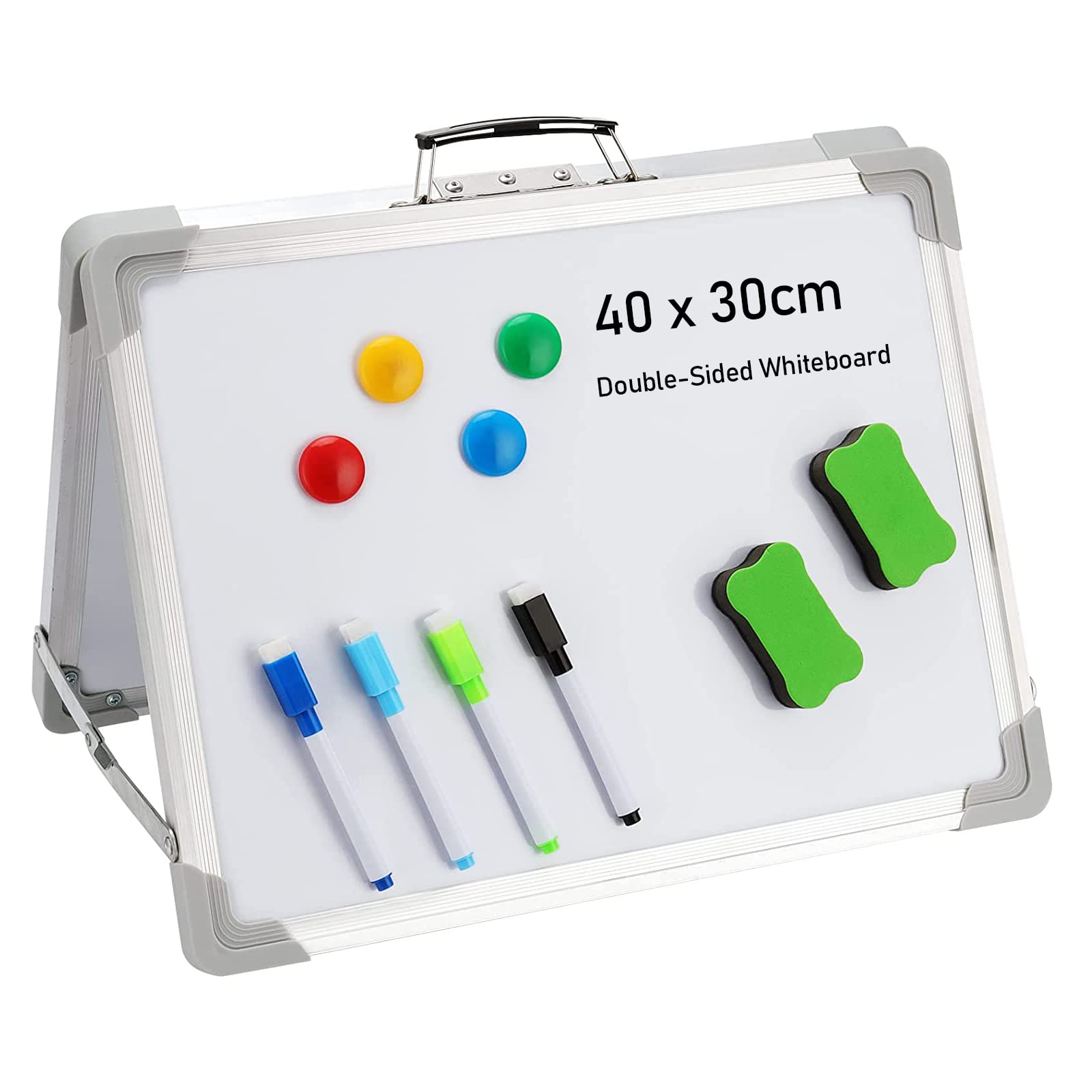 ZEONHEI 30x40cm Small White Board, Tabletop Foldable Portable Stand Double-Sided Desktop Whiteboard Easel with Aluminium Trim for Home Office Drawing
