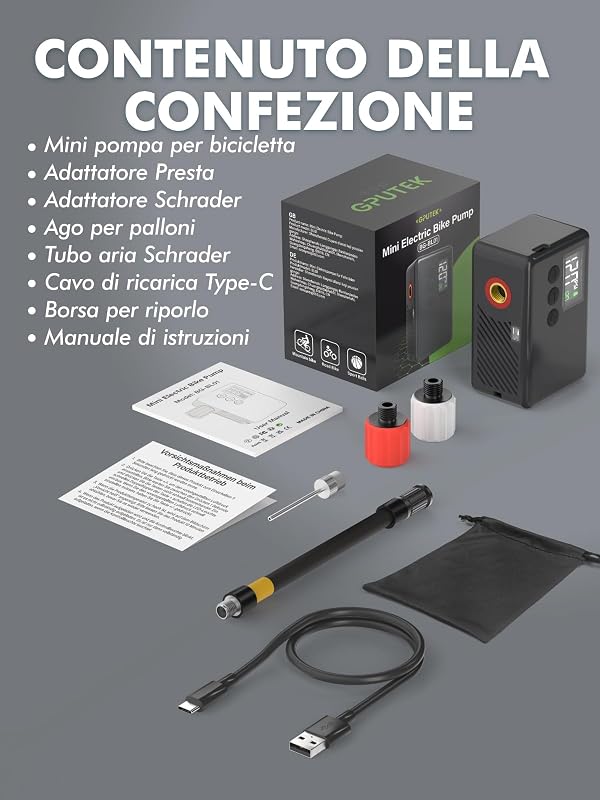 Mini Pompa Elettrica Bici, 120 Psi Compressore Aria Portatile