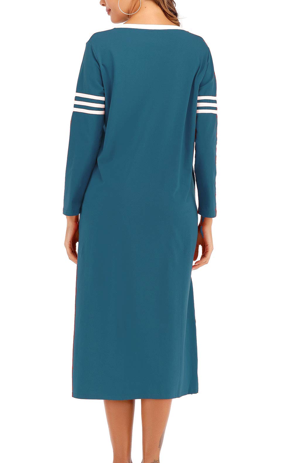 AOVXO Long Nightgown Womens V Neck Long Sleeve Nightshirt Ultra-Soft Cotton Fabric Split Hem Design with 2 Side Deep Pockets (Blue, 2XL)