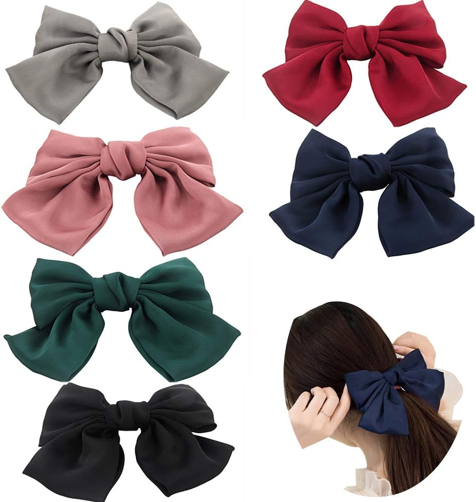 Yeshan Large Bow Satin Hair Clips for Women Retro Solid colors French Barrettes Handmade Hair Accessories,Pack of 6