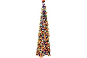 5ft Halloween Pumpkin Tree with 50 Lights, Pop Up Purple Pencil Collapsible Tinsel Halloween Trees Decorations Indoor for Home Door Porch Bedroom Decor Holiday Party,WOKEISE