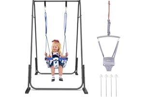 Slevoo 2 in 1 Baby Jumper and Swing, Toddler Swing Set with Foldable Stand, Ages 6 Months to 6 Years, for Indoor and Outdoor Fun, Grey