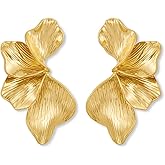 FAUTHENTICUTE Chunky Gold Statement Earrings For Women Gold Plated Sectored Flower Leaf Shell Angel Wing Earrings Trendy Boho Jewelry For Women Large Stud Earrings Hypoallergenic Earrings