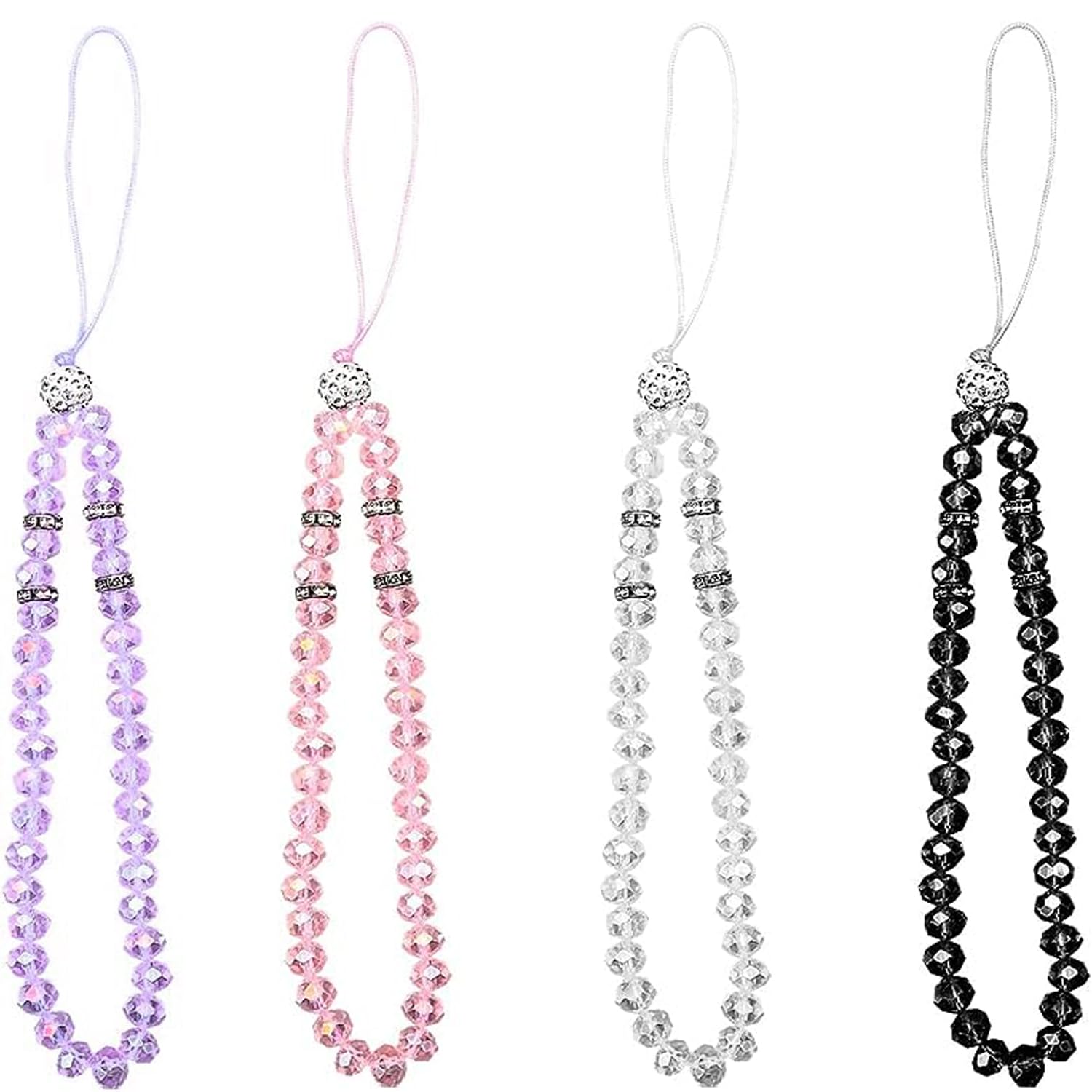 Yeesabella 4 PCS Mobile Charms, Sparkling Crystal Bead Lanyards Crystal Beads Phone Charms Bling Straps Telephone Keychain for Girls Women