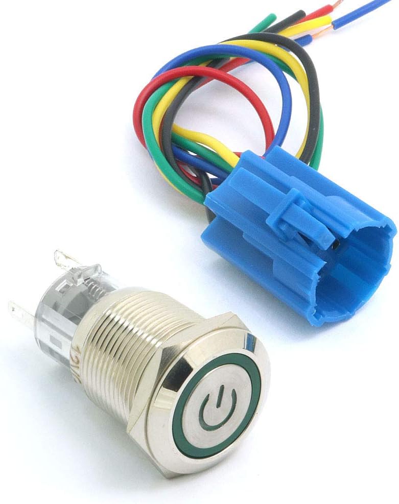 DollaTek 19mm 12V Momentary Switch Push Button Switch Power Symbol Angel Eye LED Light Metal Push Button with Plug Wire - Green - Image 3