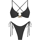 ZAFUL Women's Bikini Sets Ribbed Metal O Ring Criss Cross Two Piece Swimsuit Cheeky High Cut Side Tie Thong Bathing Suit