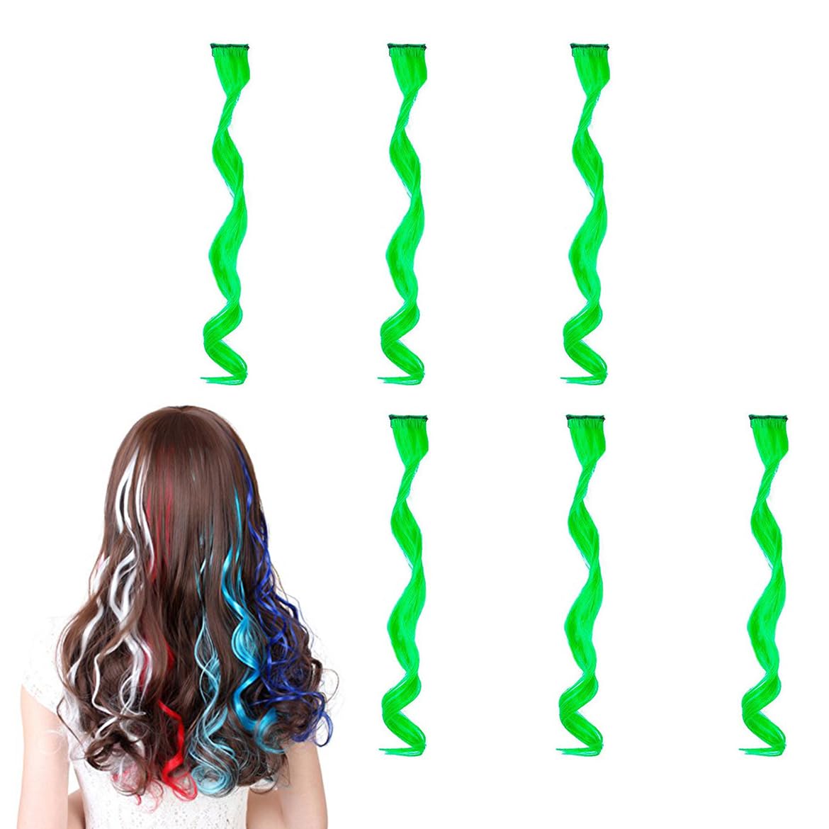 6Pcs Colorful Clip In Hair Extensions - Fruit Green Rainbow Highlights, Curlable Raindrop Accessories
