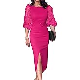 CHICME Bodycon Midi Dress for Women Mesh Puff Sleeve Slit Work Cocktail Wedding Dresses with Belt