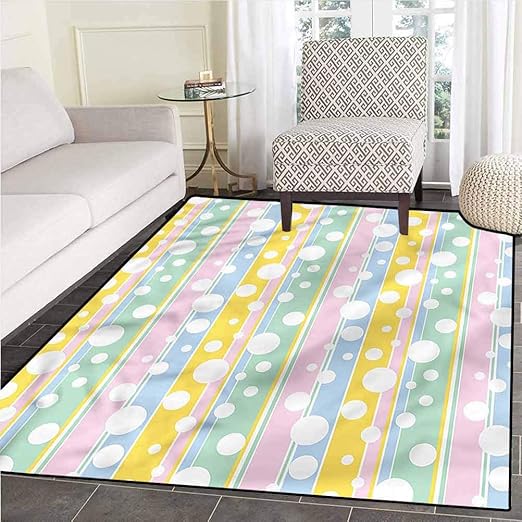 Abstract Stain Resistant Rug Great for Decorating Bedroom Pastel Colored Stripes Rug