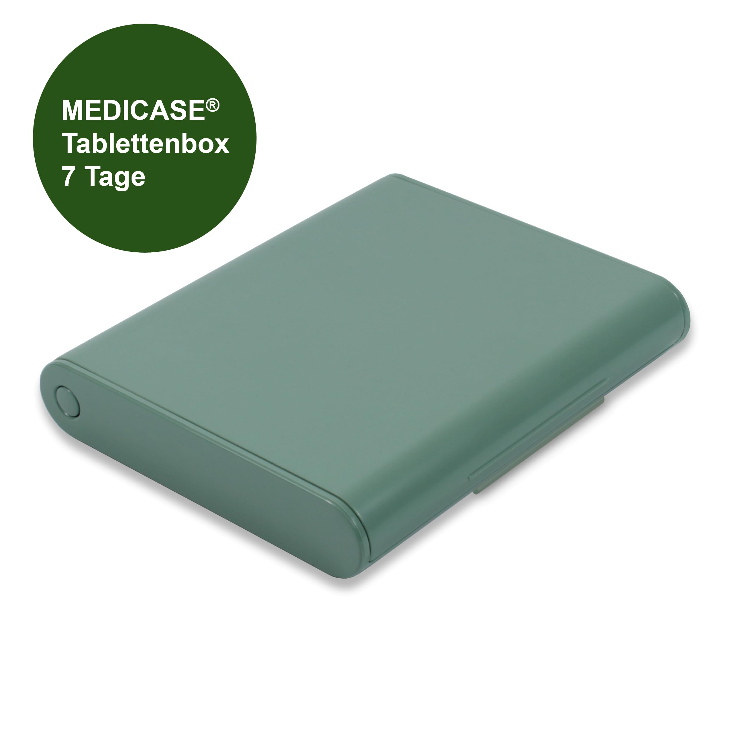 MEDICASE Exklusive und diskrete Tablettenbox 7 Tage | Dänisches Design | Hohe Qualität & Langlebigkeit | Für Heimgebrauch & Unterwegs | Kleine Dispenser, 4 Fächern, Wochentage auf Deutsch | Staub Grün 3