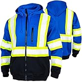 FONIRRA Hi Vis Safety Fleece Zip Hoodie for Men Reflective Sweatshirts ANSI Class 3 Jackets Detachable Hood (Blue,L)