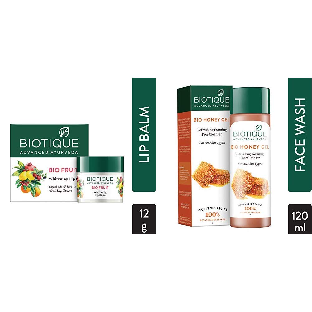 Biotique Bio Fruit Whitening Lip Balm, 12g And Biotique Bio Honey Gel Refreshing Foaming Face Cleanser, 120ml