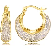 SayovatBek 14K Gold Plated 23.5–30mm Lightweight Mesh Hoop Earrings for Women, Cubic Zirconia, 925 Sterling Silver Post, Hypoallergenic