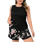 OYOANGLE Women's Plus Size 2 Piece Pajama Set Crew Neck Tank Top Drawstring Floral Shorts Pjs Sleepwear