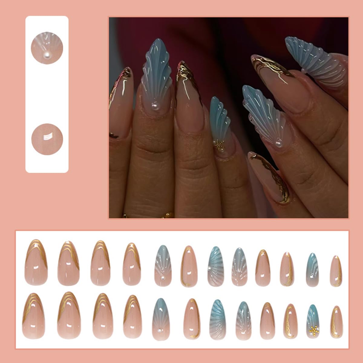 24 Pcs Summer Press on Nails Short Almond,YEFIUO French Nail Tips Acrylic Nail Kit 3D Beach Shell Starfish Pearl Nail Art Fake Nails Press ons French Tip Glue on Nails Full Cover False Nails for Women - Image 2