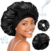 BONNET QUEEN Silk Bonnet for Sleeping Women HYALURONIC Acid Double Layer Satin Lined Bonnet Night Sleep Cap Wrap for Curly Hair with Adjustable Tie Band &amp; Scrunchie, Black