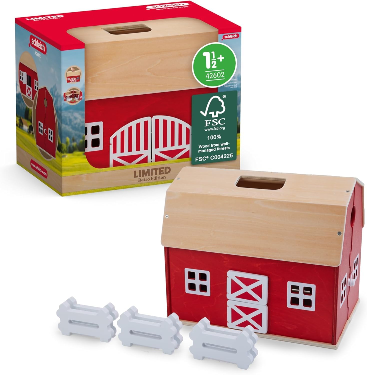 SCHLEICH Farm World - 42602 - Retro Wooden Barn Anniversary Edition - Vintage Barn Playset with Fences Toy for Imaginative Play - Modular Playset for Toddlers and Kids Ages 3+